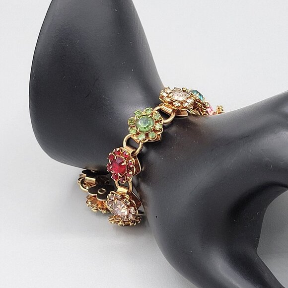 Vintage Gold Tone Tourmaline Stone Flower Link Bracelet Fold Over Clasp - Picture 6 of 8